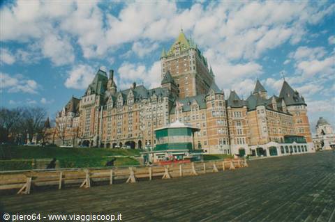 Château Frontenac in Quebec City seen from wooden Dufferin Terrace