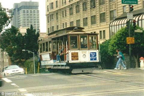 Powell and Market cable car climbing California Street among San Francisco buildings