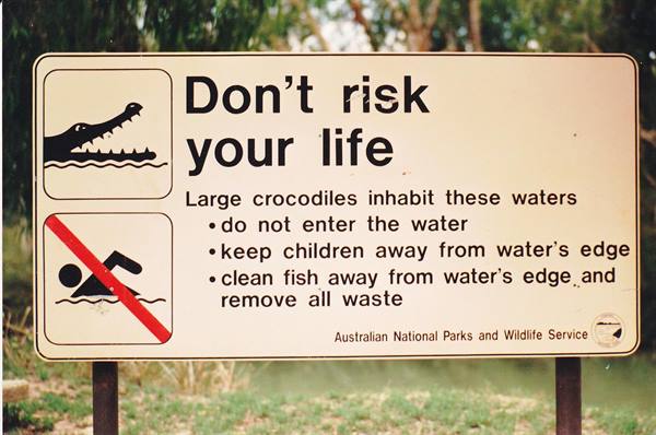 Crocodile warning sign on metal posts, blurred green trees behind