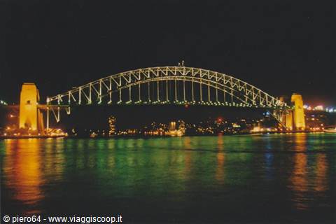 Sydney Harbour Bridge illuminated at night over the water