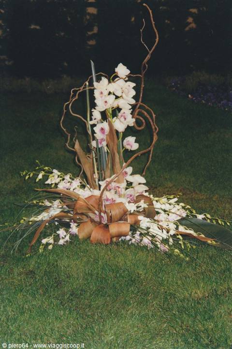 White orchid arrangement with woven branches displayed on a green lawn