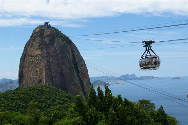 Cable car approaching Sugarloaf, granite above green bay, blue sky