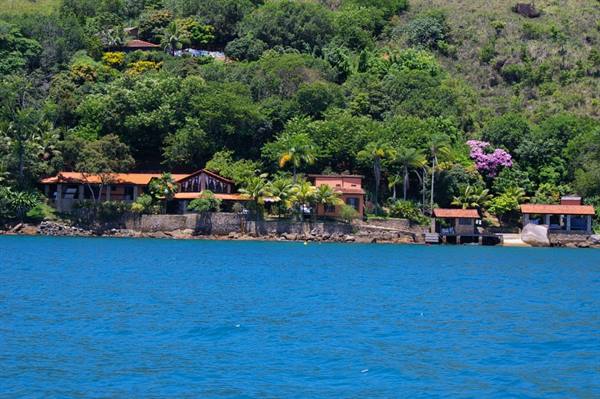 Red-roofed houses among palms and purple flowers on the blue sea shore