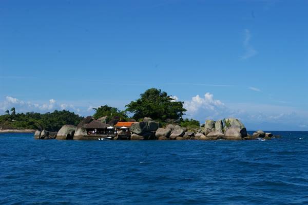 rocky islet with huts and trees surrounded by blue sea under clear sky