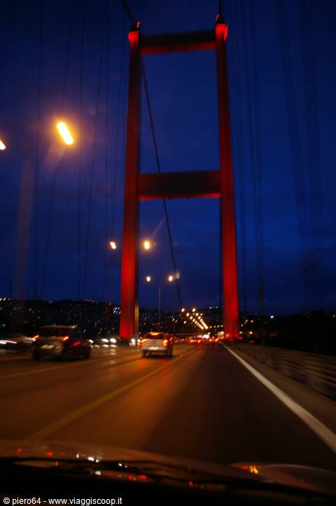 July 15 Martyrs Bridge in Istanbul, red-lit pylon at night
