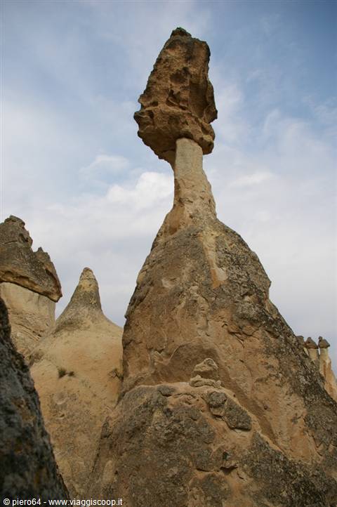 Fairy chimney rock formation in Göreme, Cappadocia, under a cloudy sky