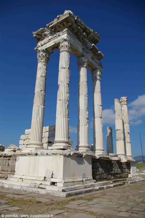 Corinthian columns of the Trajan Temple in Pergamon, white marble under blue sky