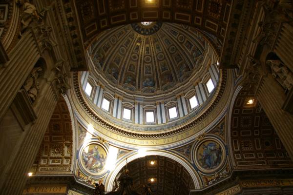 St. Peter's Basilica dome, golden mosaics lit by windows