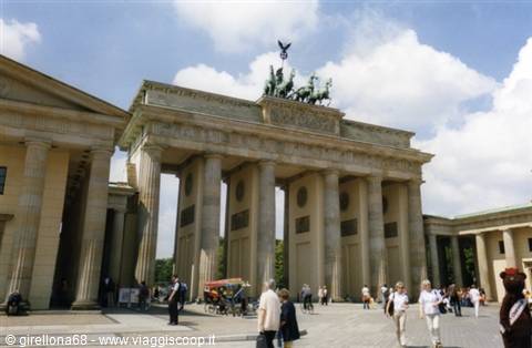Tourists walk in front of the sandstone Brandenburg Gate under white clouds