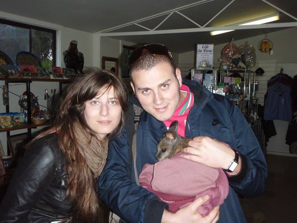 Couple in souvenir shop, man holding a baby kangaroo wrapped in blanket