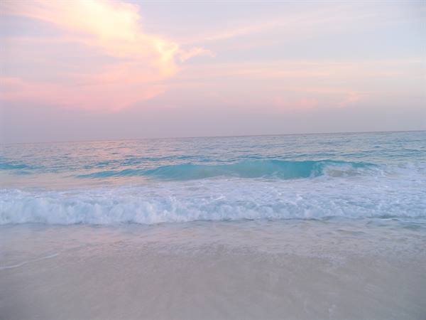 Turquoise wave breaking on pale sand beach, pink sky at dawn