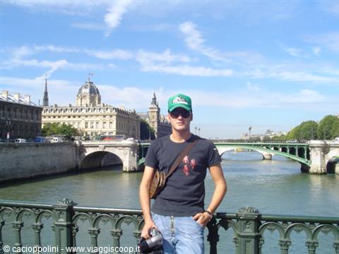 Tourist standing on green iron bridge over the Seine, Paris