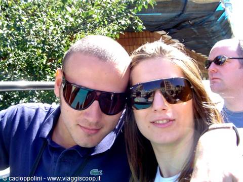 Couple in sunglasses smiling together under the sun, trees and canopy behind
