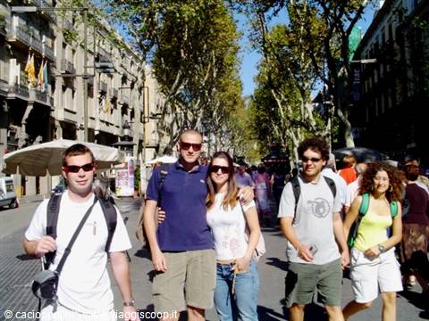 Group of friends with backpacks walking along La Rambla in sunshine