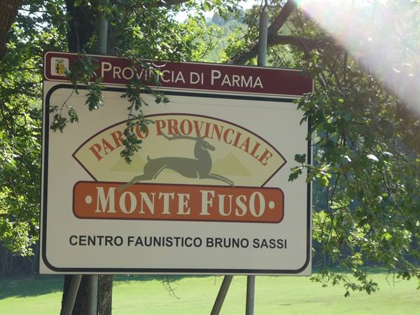 Monte Fuso Provincial Park sign among trees, Provincia di Parma
