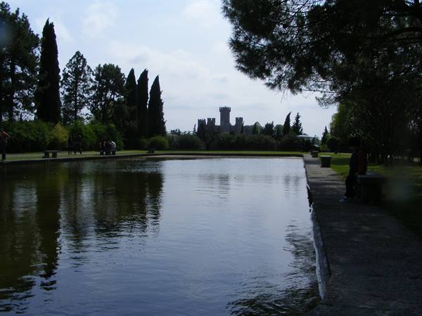 Pond with castle among cypresses and pines in soft light