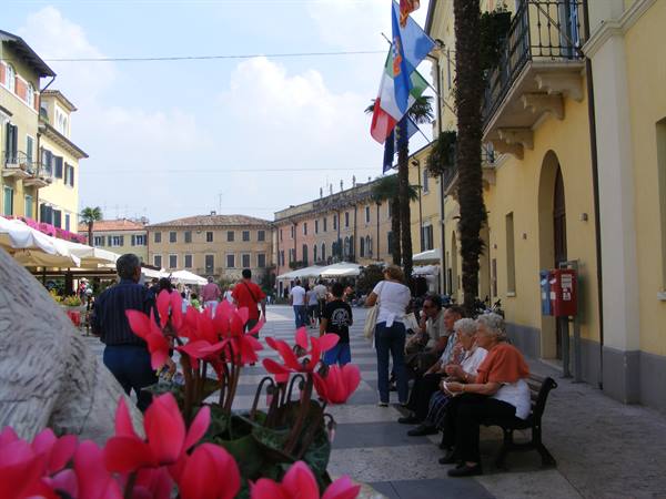 Elderly people sitting on benches in a square with pink flowers and flags
