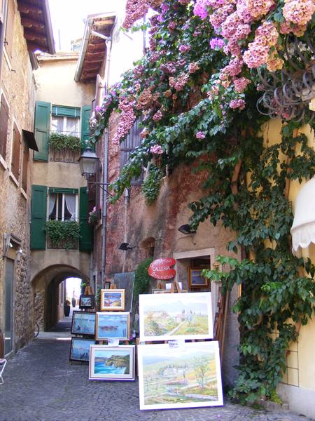 Alley with paintings on display and flowers on walls