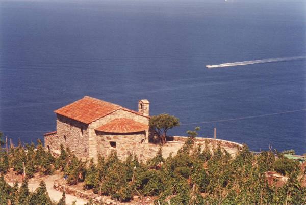 Stone chapel with tiled roof above vineyards by the sea, motorboat passing