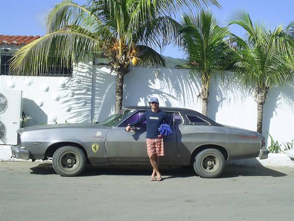 Man beside a grey car under palm trees, white wall