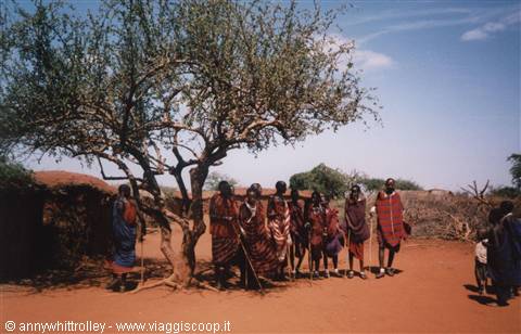 Maasai women in colorful shuka robes gather under an acacia in a red-earth village