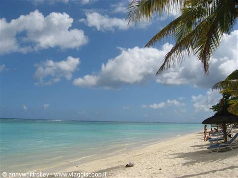 White sand beach with palm trees, thatched umbrellas and tourists on turquoise water