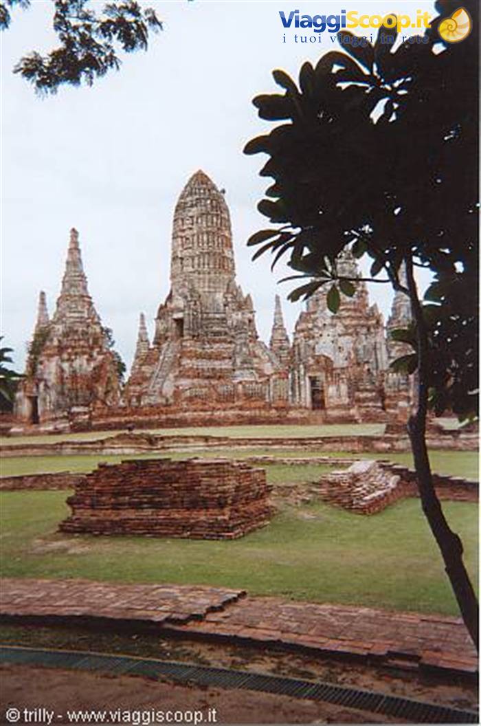Wat Chaiwatthanaram in Ayutthaya: brick prang among ruins and trees