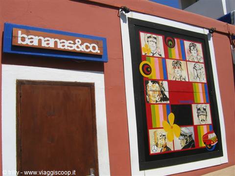 Bananas&co sign on pink wall, wooden door and colorful portrait painting
