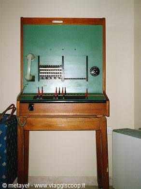 Old wooden telephone switchboard with red plugs and handsets