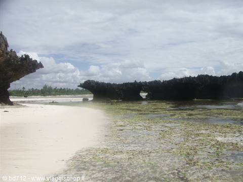 Dark coral rock on white sand beach, seaweed and cloudy sky
