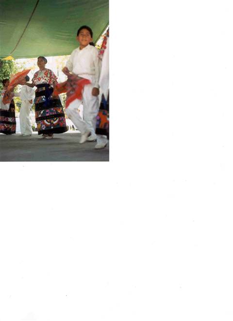 Children in colorful traditional costumes dance under a green canopy
