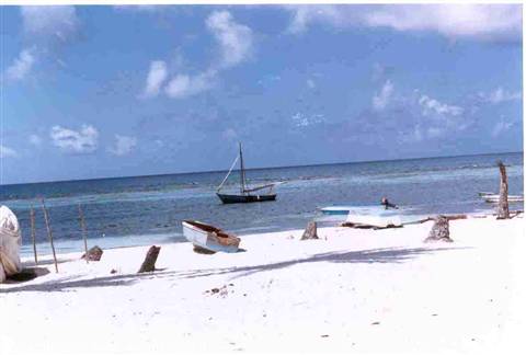 Sailboat anchored off a white sand beach under cloudy sky