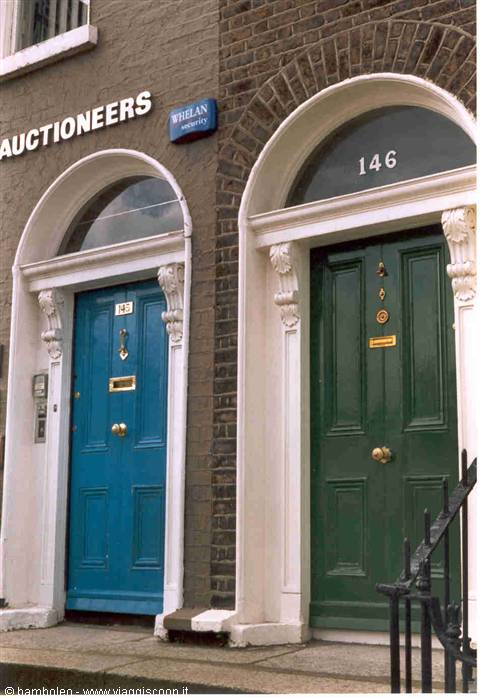 Georgian blue and green doors at numbers 145 and 146 in Dublin