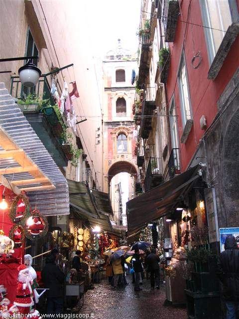 San Gregorio Armeno street in Naples, nativity shops under umbrellas
