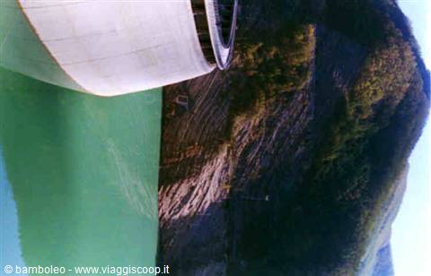 Curved concrete dam above green lake, surrounded by woods and rocky slopes