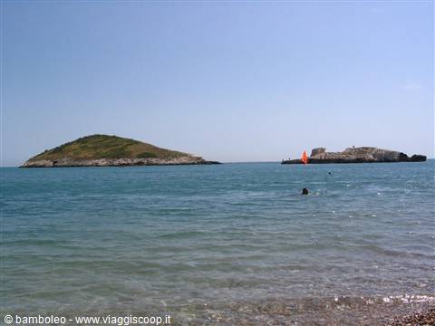 Swimmer in turquoise water in front of two rocky green islets, orange sail