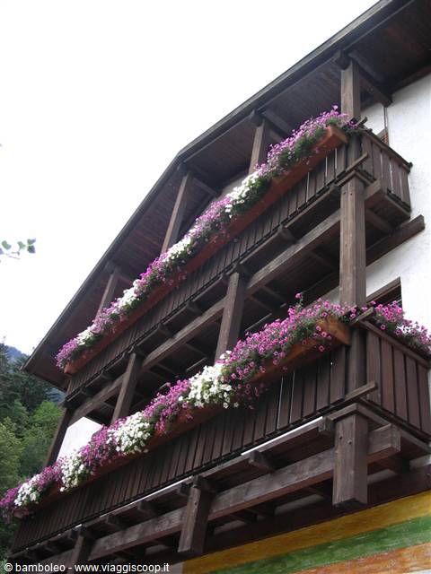 Dark wooden balconies of an alpine house full of pink and white flowers