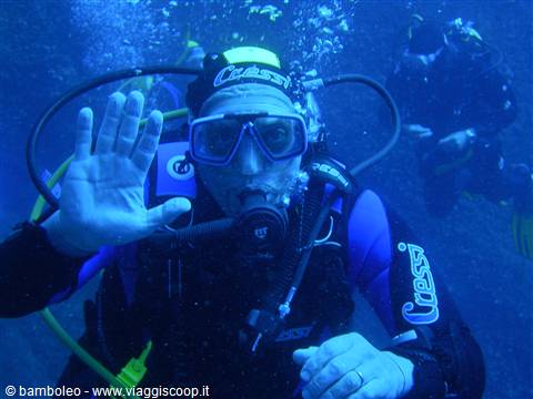 Scuba diver in a Cressi wetsuit waves underwater amid rising bubbles