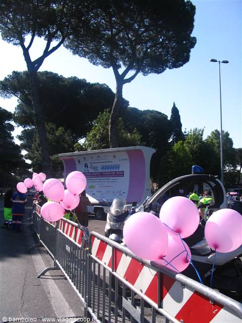 Pink balloons tied to barricades during a street event