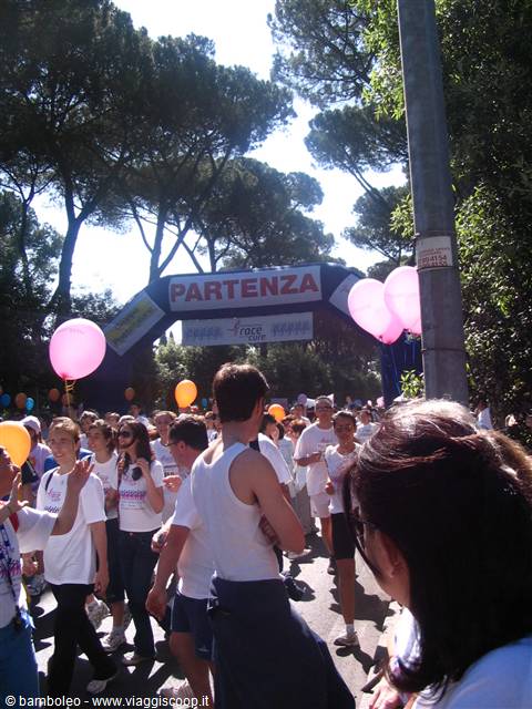 Race for the Cure participants under the start arch among pines and balloons