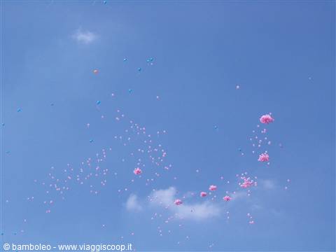 Bunches of pink balloons rising into the blue sky with a few clouds