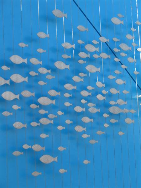 School of white decorative fish hanging on strings against blue wall