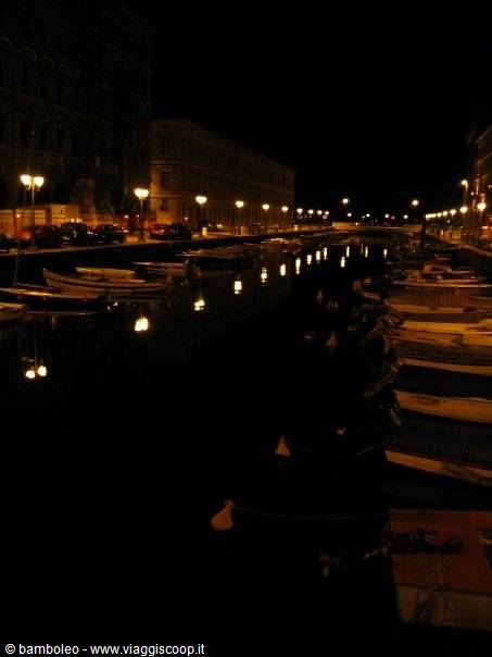 Boats moored at night along Trieste canal, streetlights reflecting on dark water