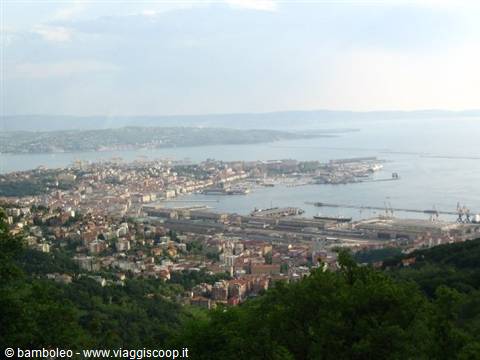 Trieste: city and harbor facing the sea, between green hills and soft light