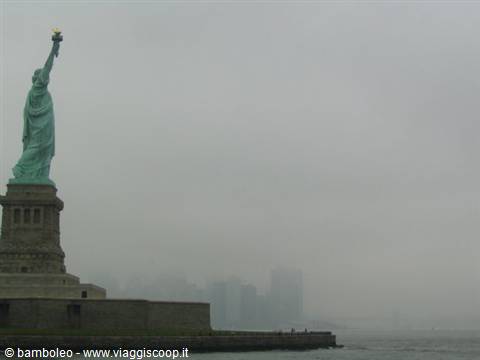 The Statue of Liberty in fog, New York