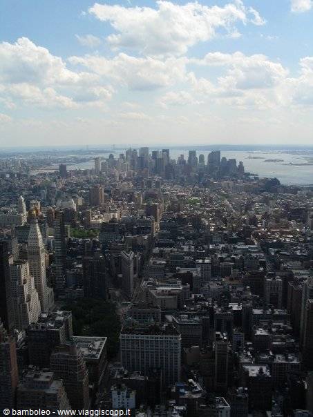 Manhattan skyscrapers toward Lower Manhattan, clouds and river in background, New York