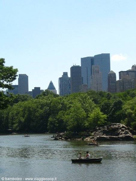 Rowboats on the Central Park lake, Manhattan skyscrapers rising behind the trees