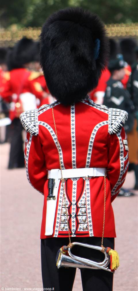 Guardsman in bright red uniform and black bearskin cap carries a silver bugle