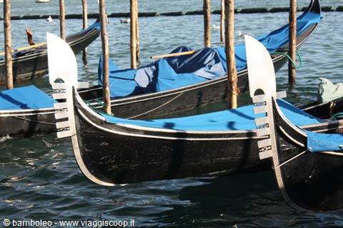Black gondolas with blue tarps moored to wooden poles in Venice