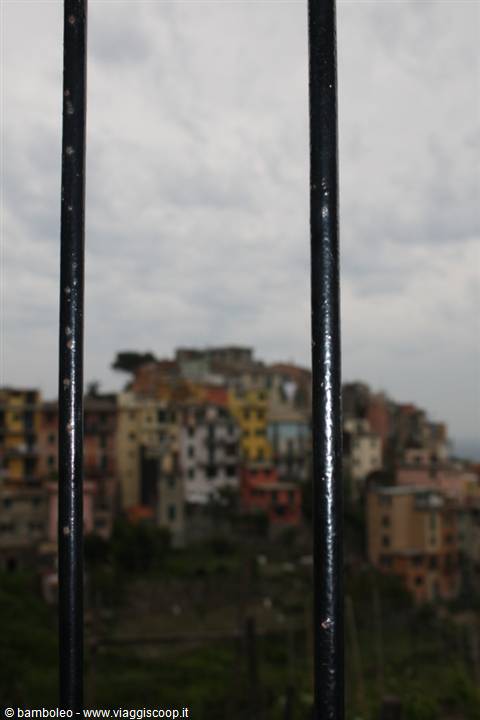 Colorful hillside houses seen through a dark iron railing